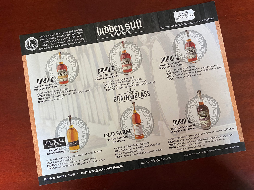 A printed tasting mat made for Hidden Stills