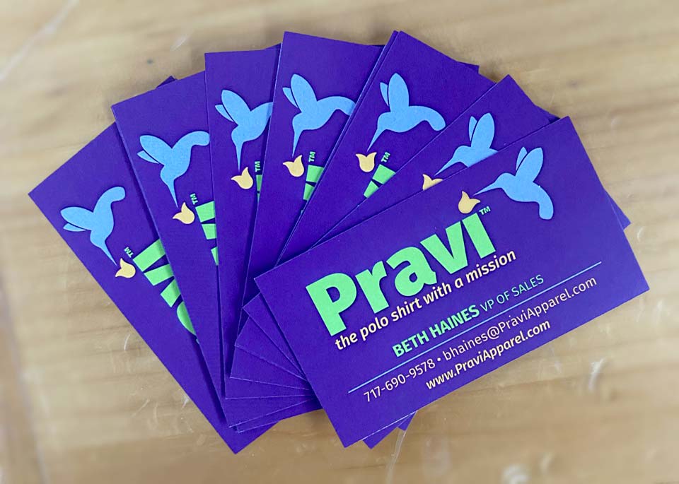 Pravi business cards printed in-house by Weber on heavy stock